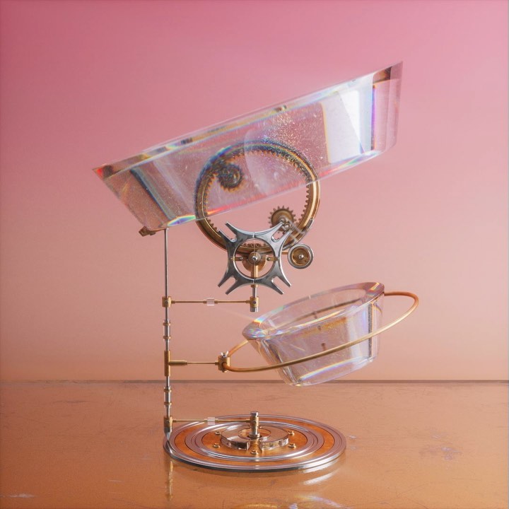 Abstract contraption with clear containers, brass gears, and a pink gradient background, showcasing an artistic, visually complex design.