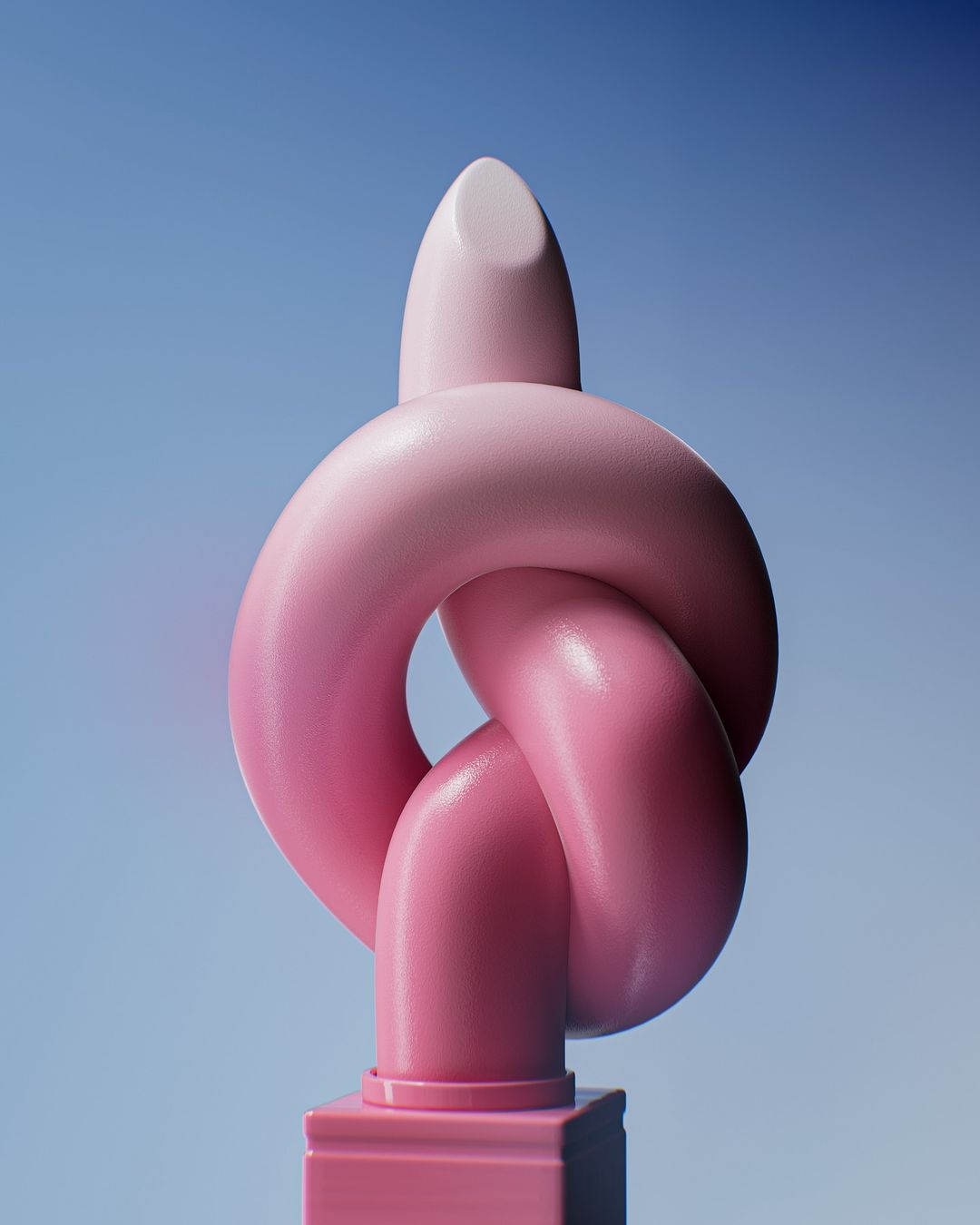 Close-up studio shot of a pink lipstick tube twisted into a knot on a pink base, set against a light blue background, glossy finish.