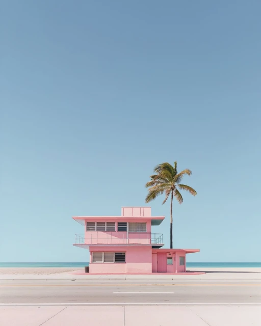 Pink lifeguard station stands on a beach next to a palm tree under a clear blue sky, capturing a serene, coastal scene.