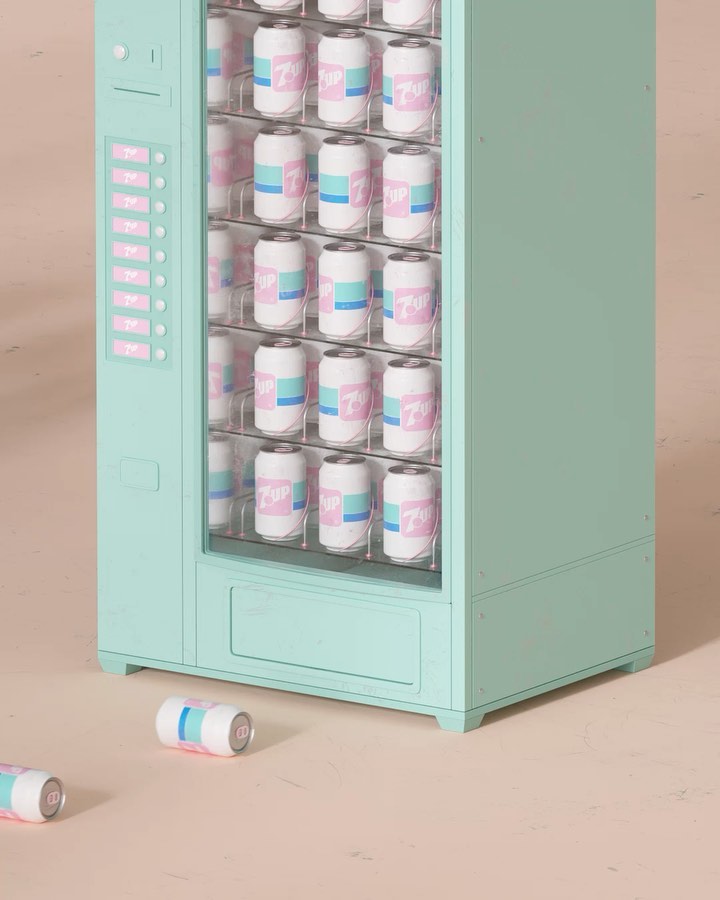 Vending machine with white cans featuring a blue and pink label, showcased against a light peach background in a studio setting.