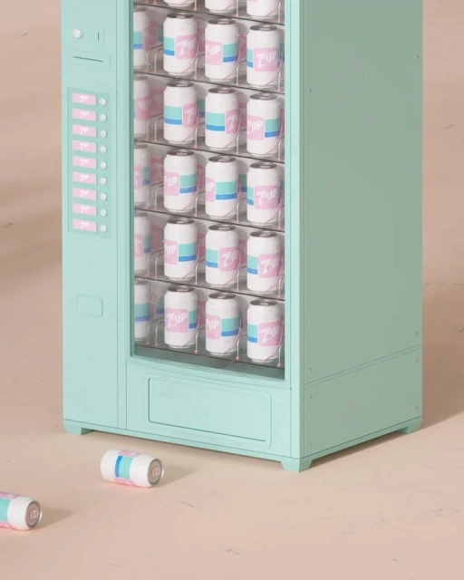 Vending machine with white cans featuring a blue and pink label, showcased against a light peach background in a studio setting.