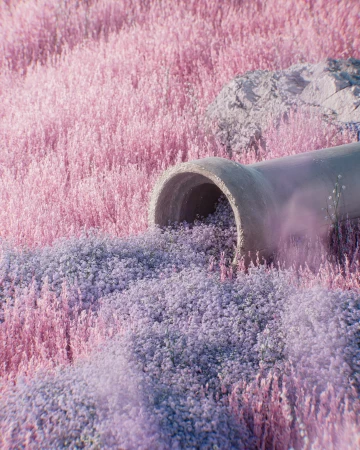 Whimsical scene of purple wildflowers flowing from a concrete pipe across a field of pink flowering grasses, creating a surreal floral landscape.