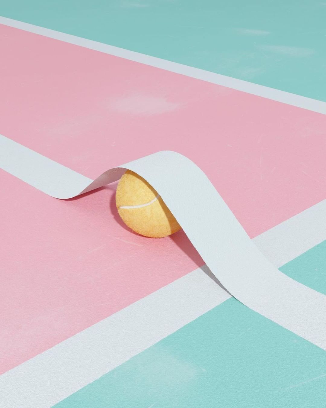 Graphic image of a tennis ball on a court surface with pink and aqua paint, a white line curves over the ball, and the background is minimalist.