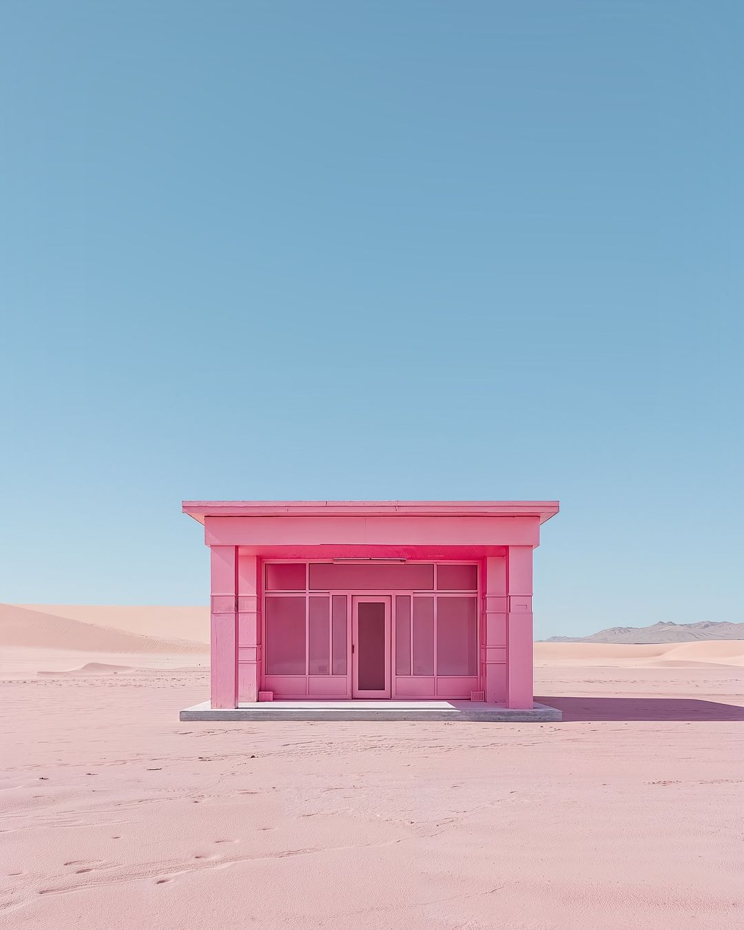 A pastel pink modern desert building set against sand dunes and a clear blue sky