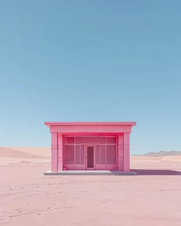 A pastel pink modern desert building set against sand dunes and a clear blue sky