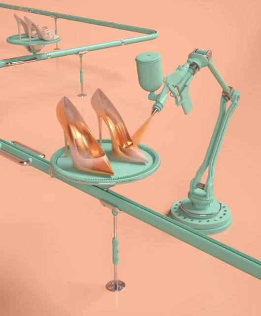 High heel shoes are being sprayed with gold color using a robotic arm on a turquoise platform against a peach-colored backdrop.