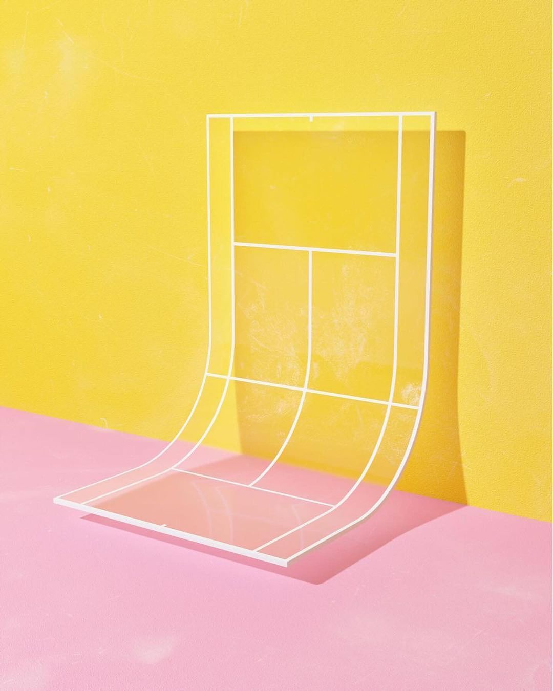 Abstract perspective of a white tennis court on yellow and pink background, creating depth and visual interest.