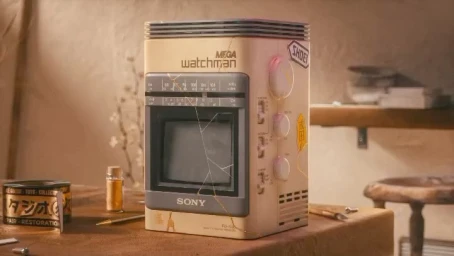 Vintage Sony Watchman portable CRT TV radio device on a rustic wooden table in a warmly lit room by Molistudio.