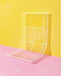 A white wireframe tennis court structure on a pink surface against a bright yellow background, rendered by Molistudio.