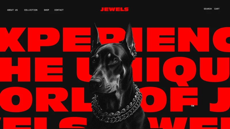 A black Doberman wearing a silver chain collar centered against a black background with large bold red typography behind it