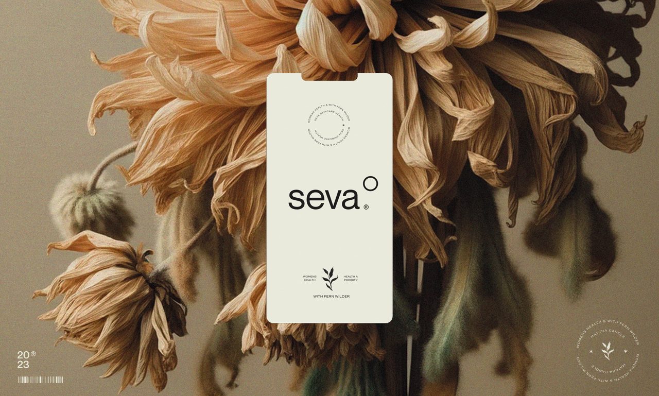 Minimalist cream phone mockup with black seva branding displayed in front of large dried flowers
