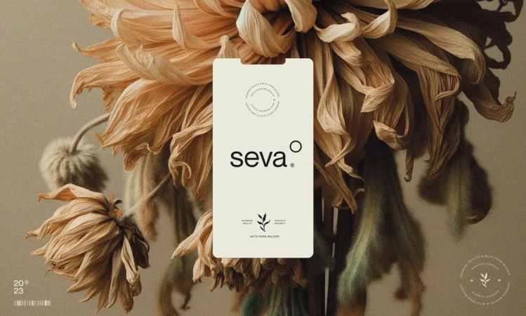 Minimalist cream phone mockup with black seva branding displayed in front of large dried flowers