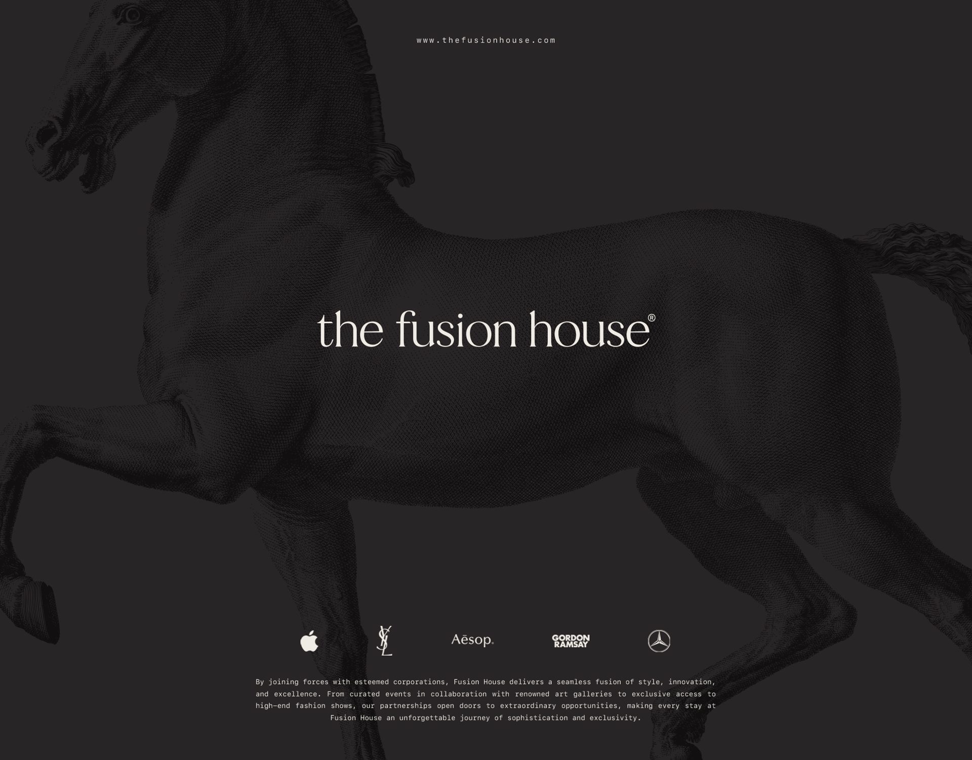 Dark grey promotional graphic featuring an engraved illustration of a rearing horse and the Fusion House brand typography.