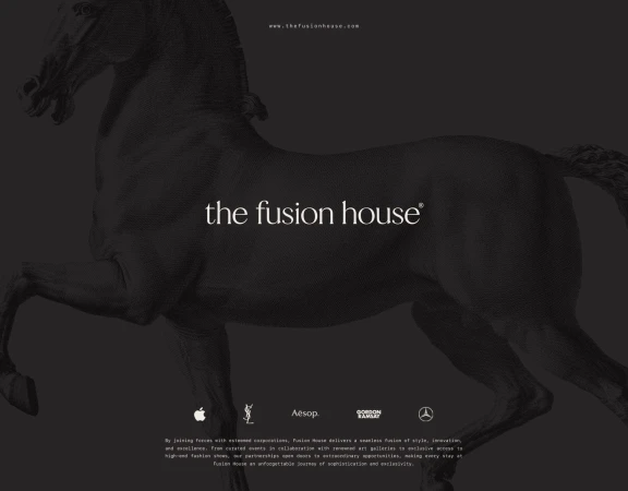 Dark grey promotional graphic featuring an engraved illustration of a rearing horse and the Fusion House brand typography.