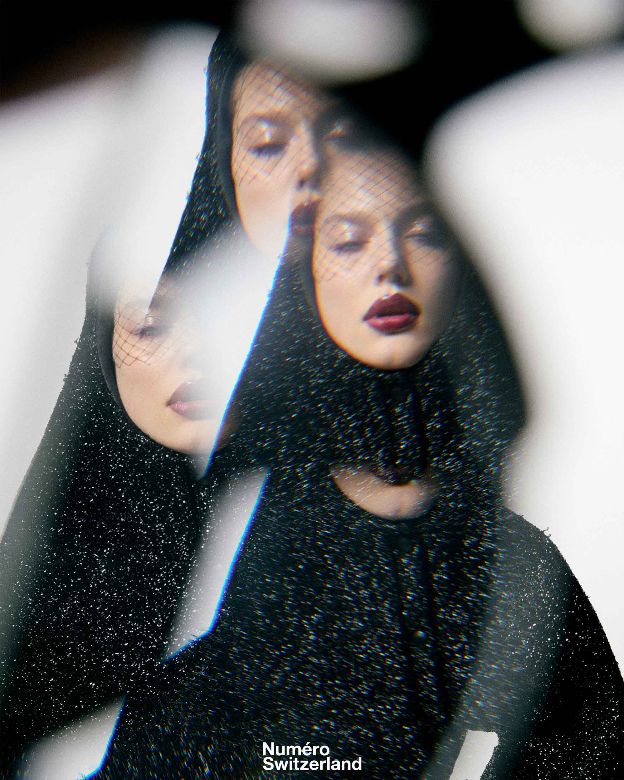 Model wearing a black glitter hooded top and veil seen through a kaleidoscopic lens filter
