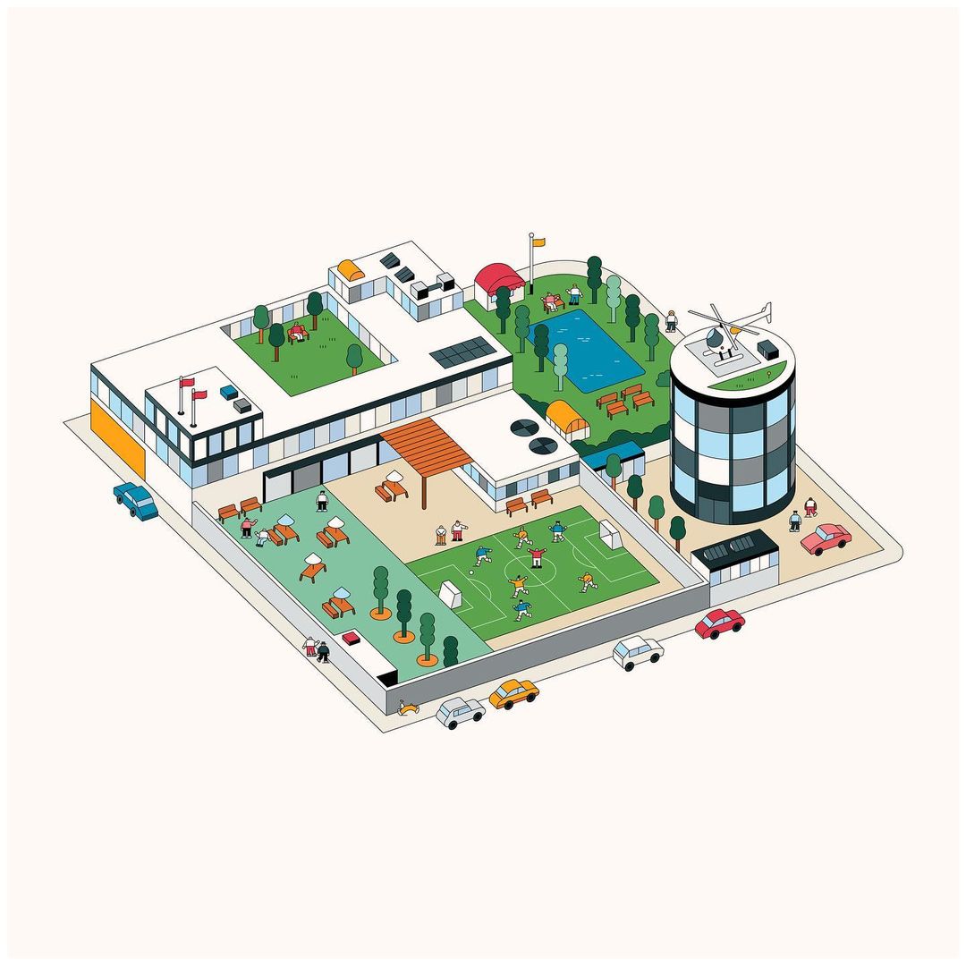 Illustrated isometric view of a school campus with a soccer field, pool, and helicopter landing pad, rendered in bright, playful colours.