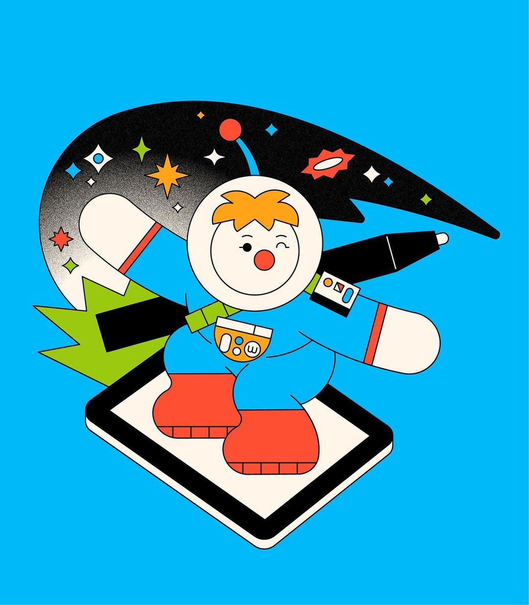 Whimsical illustration of an astronaut character with orange hair, riding a tablet through space on a light blue background.