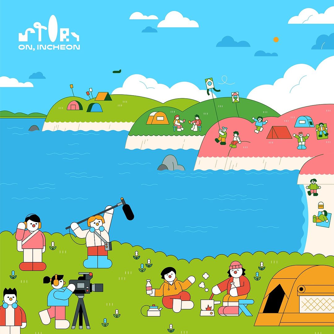 Animated illustration of a filming crew, campers, tents, and kite flyers along a shoreline, with text 'ON, INCHEON' in the sky.