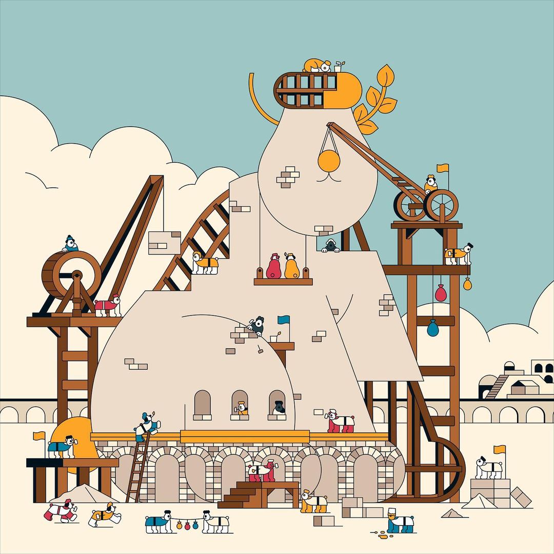 Illustration of a whimsical construction site with miniature figures building a lightbulb-shaped structure against a light blue sky backdrop.