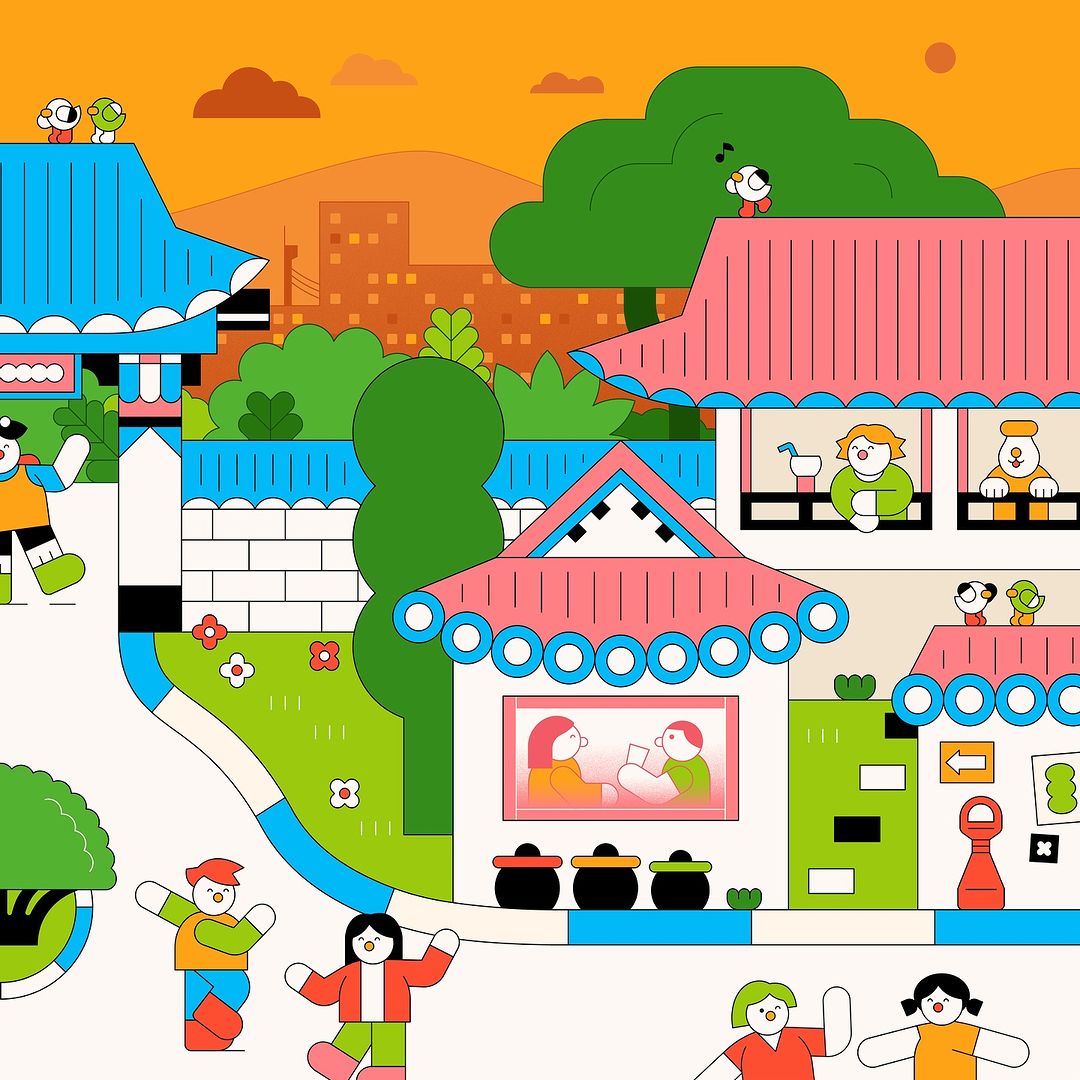 Stylized cartoon village illustration with cartoon characters, houses, trees, and buildings against an orange gradient background.