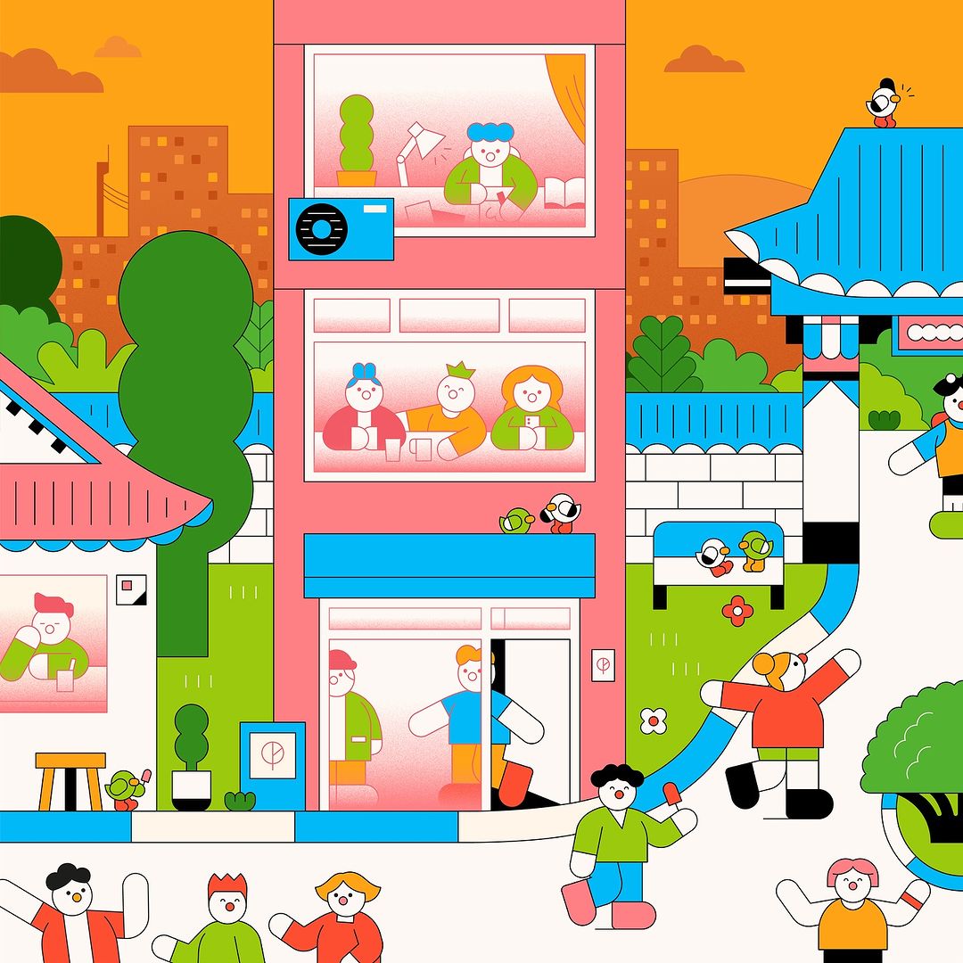 Illustration of a three-story building with people inside and outside, set against a background of simplified buildings and an orange sky.