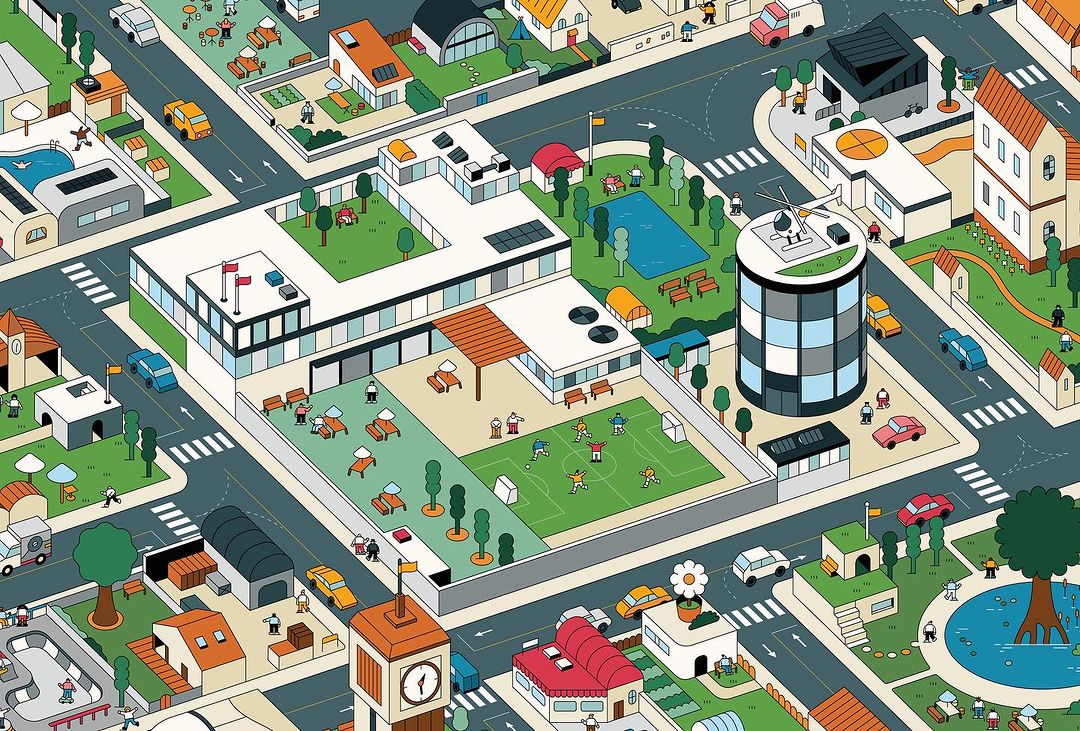 Aerial view illustration of a city with residential houses, buildings, roads, playground, park, and sports court with soccer game.