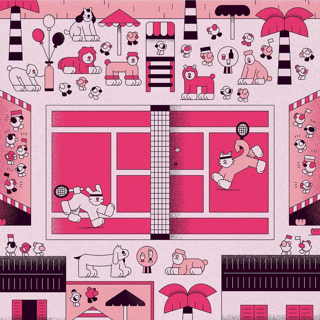 Illustration of dogs and cats playing tennis on a pink court, surrounded by simplified buildings, trees, and decorations in a whimsical style.