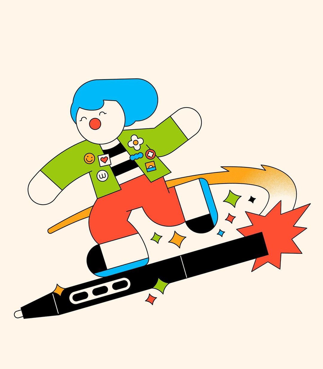 Whimsical digital illustration of a cartoon character riding a large black pen, surrounded by colorful star accents on a cream background.