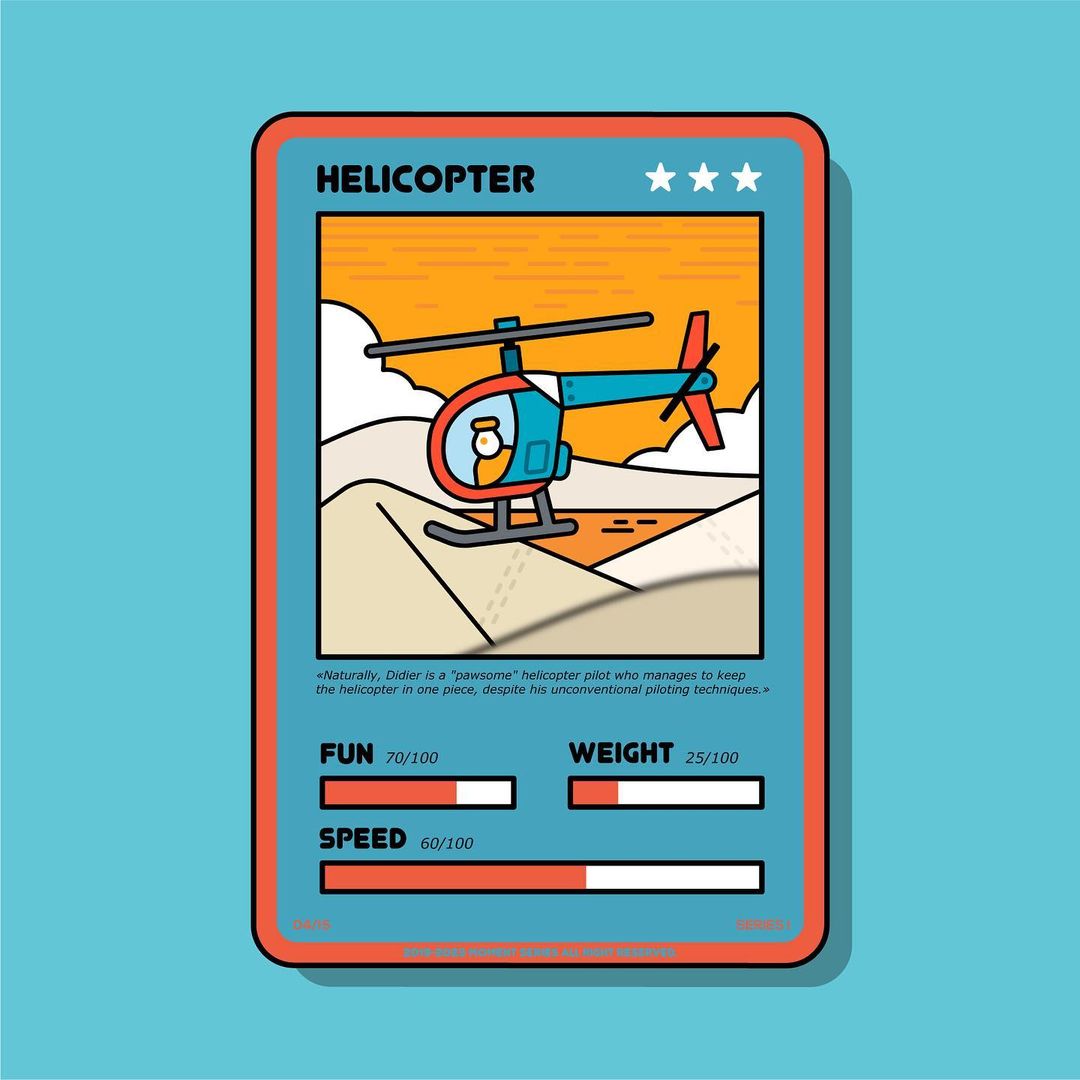 Illustration of a colorful helicopter on a trading card with stats, set against a stylized mountain and orange sunset background.