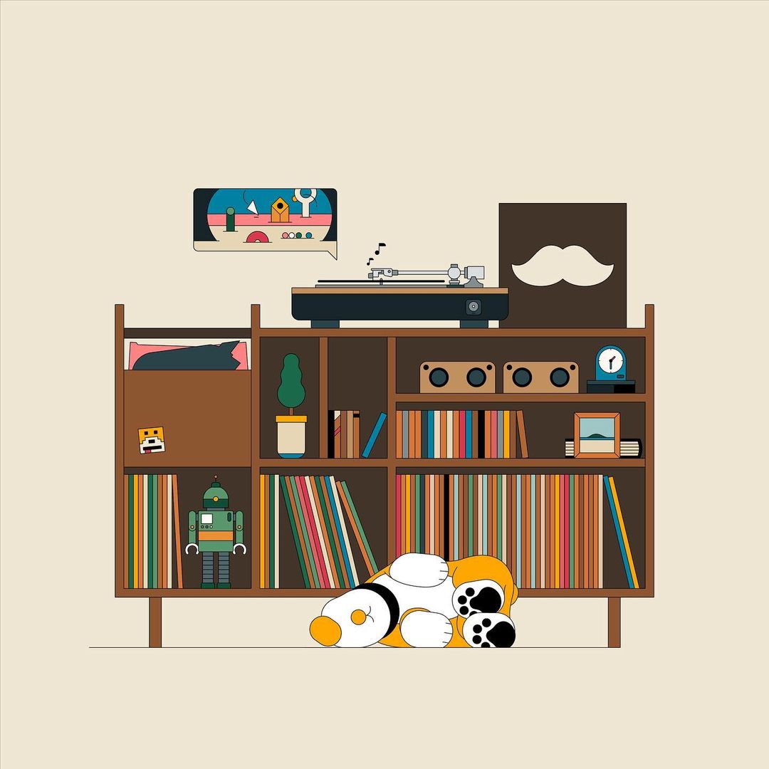 Illustration of a dog sleeping in front of a bookshelf filled with vinyl records, books, and decorative items in a cozy interior.