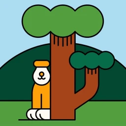 Digital illustration of an orange and white animal peering from behind a brown tree trunk against a green hill and blue sky