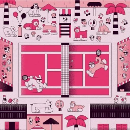 Illustrated overhead tennis match between two stylized dog characters surrounded by spectators, rendered in pink and black.