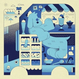 Blue illustrated dog character lounging inside an ice cream shop vehicle with a beach scene in the background