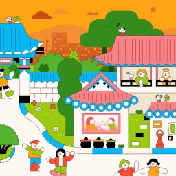 Colorful vector illustration of a lively traditional village scene with stylized buildings, characters, and trees.