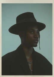 Portrait of a Black man wearing a black wide-brim hat, black jacket, and silver chain necklace against a muted studio background.
