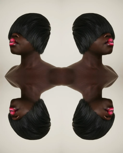 Abstract portrait with two dark-skinned women with matching bob haircuts and bright pink lipstick, mirrored against a plain background.