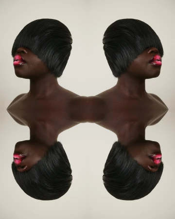 Abstract portrait with two dark-skinned women with matching bob haircuts and bright pink lipstick, mirrored against a plain background.
