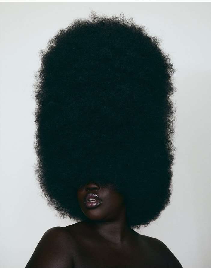 Portrait of a black woman with an oversized voluminous afro hairstyle obscuring her eyes, against a plain background