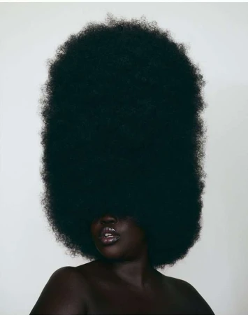 Portrait of a black woman with an oversized voluminous afro hairstyle obscuring her eyes, against a plain background