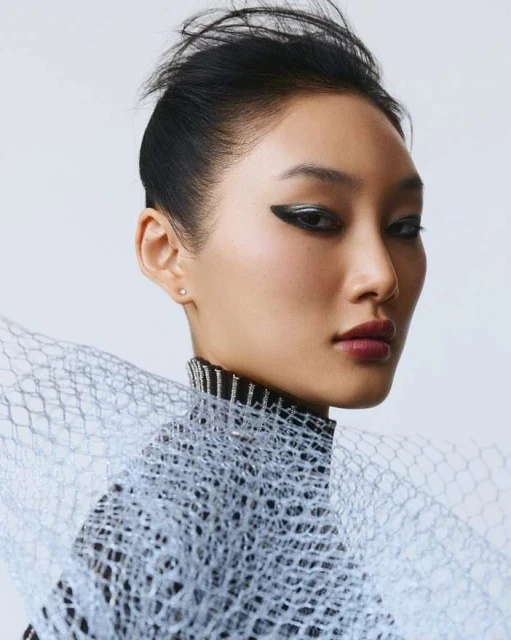 Close-up portrait of an Asian woman with dark hair and heavy eye makeup, wearing a sheer, textured top against a neutral background.