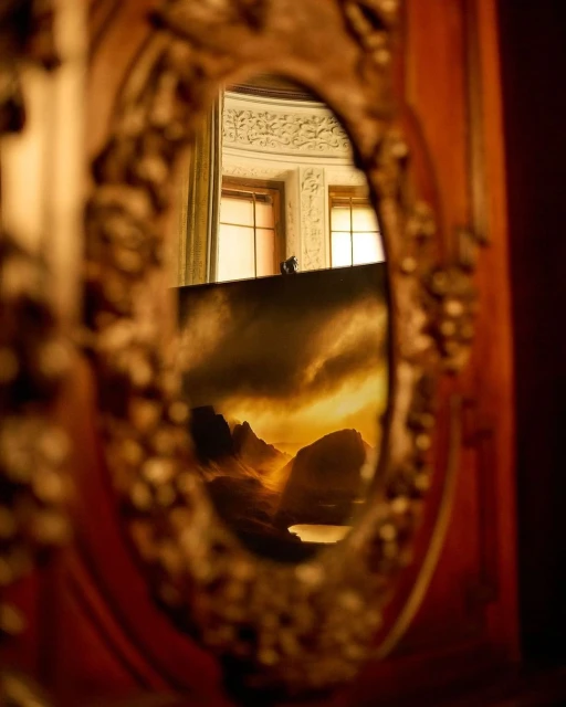 Reflection in an ornate mirror reveals a landscape painting with mountains and water, set against a backdrop of two windows.