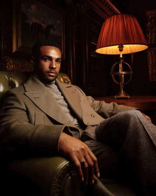 Elegant portrait of a man in a suit seated in a leather armchair, showcasing classic fashion and interior design in a warmly lit room.