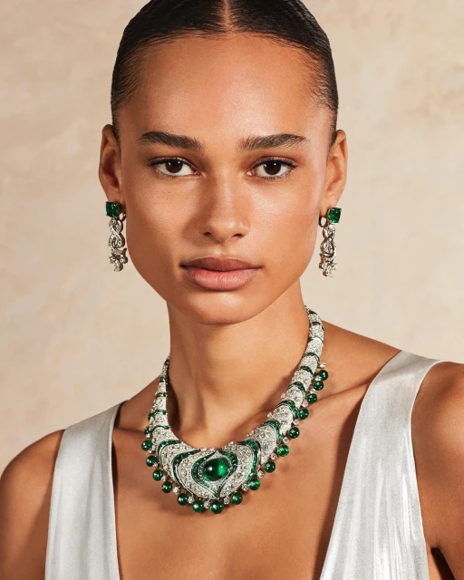 Close-up of a model wearing a white dress and elaborate emerald and diamond necklace and earrings in a studio setting.