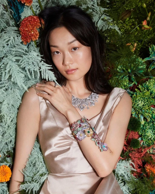 Elegant Asian woman laying amongst flowers and foliage wearing a champagne dress and elaborate silver necklace and floral bracelet.