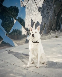 White dog sitting on a paved ground in front of a reflective geometric metallic wall in Paris.