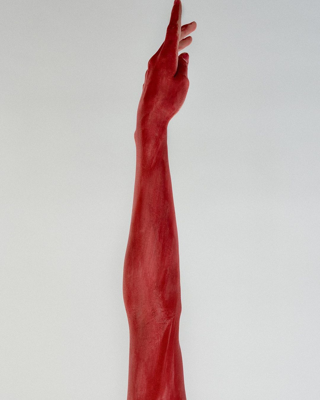 A human arm painted red extends upward in a stark studio shot against a white backdrop, emphasizing texture and color.