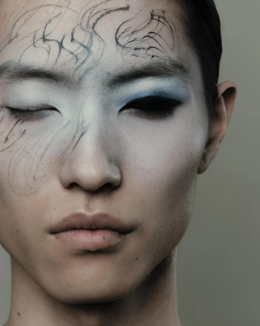 Artistic close-up of an Asian woman with dramatic black eye makeup and graphic charcoal drawings on her face. Fashion and beauty concept.