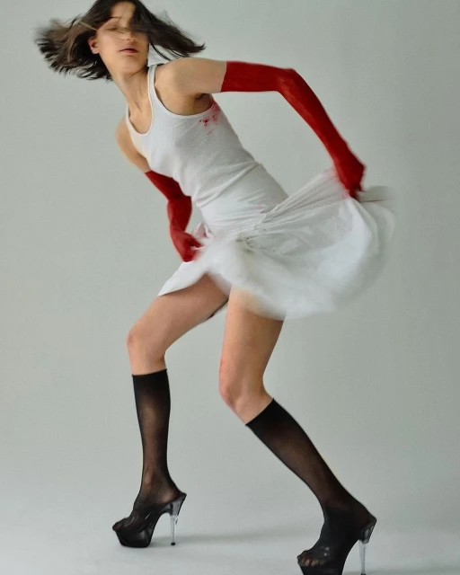 Woman in motion wearing a white tank dress, red arm coverings, and high platform heels, captured in a studio with neutral background.