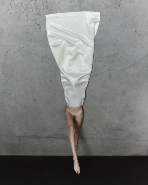 Surreal image of a woman's legs and torso emerging from draped white fabric against a gray concrete backdrop on a black surface.