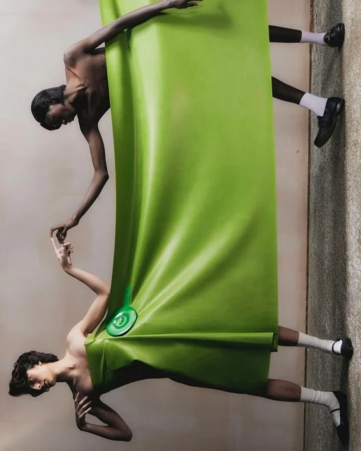 Two fashion models interact with a vibrant green fabric backdrop, showcased in a studio environment with creative staging and posing.